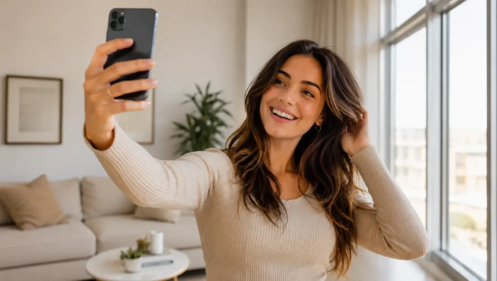 Woman demonstrating the best selfie pose by holding her smartphone at a high angle with a natural smile in soft daylight.