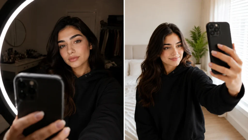 Side-by-side comparison showing common selfie mistakes versus the correct selfie technique using ring light and natural window light in a modern bedroom.