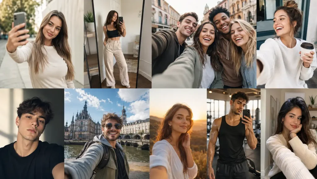 Editorial lifestyle image showcasing different types of selfies, including classic face selfie, mirror selfie, group selfie, candid selfie, no-smile selfie, travel selfie, golden hour selfie, gym selfie, and indoor selfie.