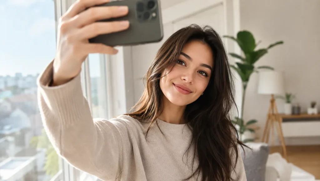 Person taking a selfie using natural window light with the smartphone held slightly above eye level for a flattering angle.