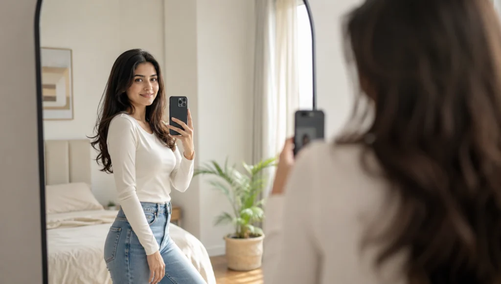 How to take a mirror selfie using the back camera with proper phone positioning and natural lighting.