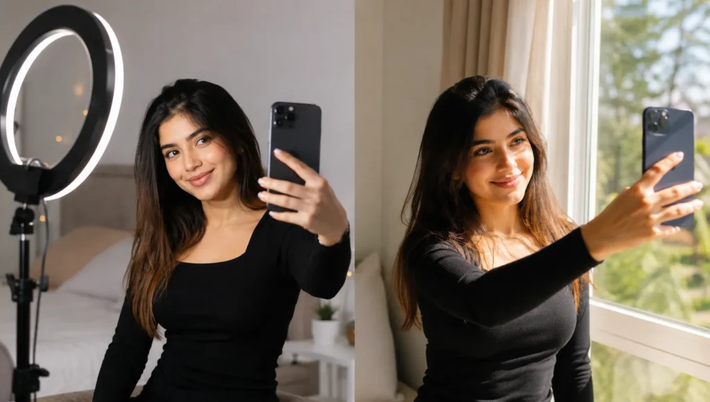 Side-by-side comparison of a woman taking selfies using a ring light indoors and natural window light to show the difference in selfie lighting.