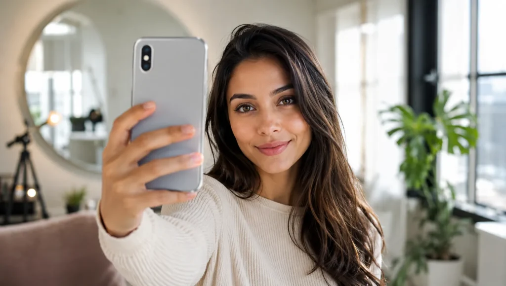 Young woman taking a selfie while looking directly at the smartphone camera lens instead of the screen for better eye contact.